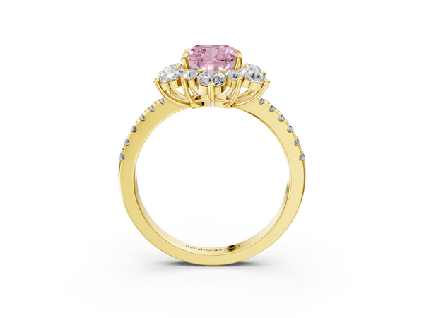 Yellow gold Fancy Pink Cushion  Cut Diamond Floral Halo Pave Band with Prong Setting