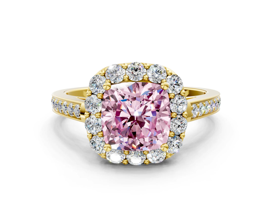 Yellow gold Fancy Pink Cushion Cut Diamond Floral Halo Ring with Pavé Band and Prong Setting_3
