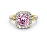 Yellow gold Fancy Pink Cushion Cut Diamond Floral Halo Ring with Pavé Band and Prong Setting_3
