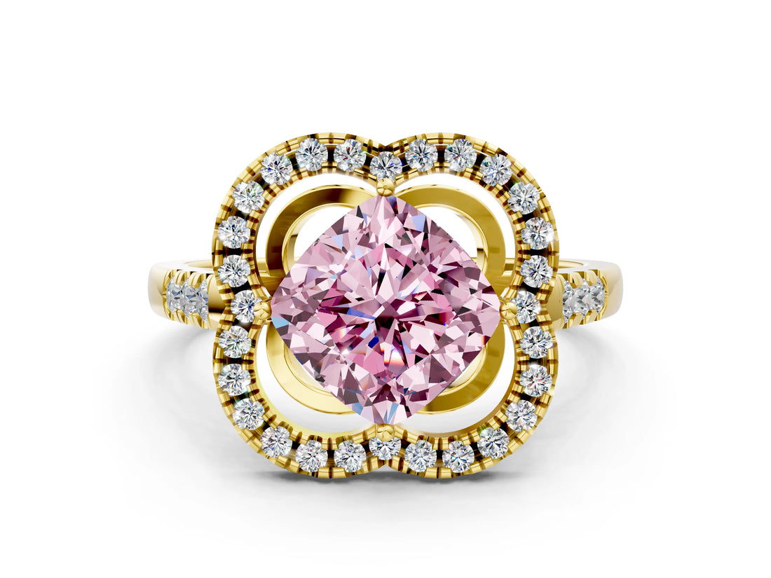 Yellow gold Fancy Pink Cushion Cut Diamond Floral Halo Split Shank Prong Setting Ring_12