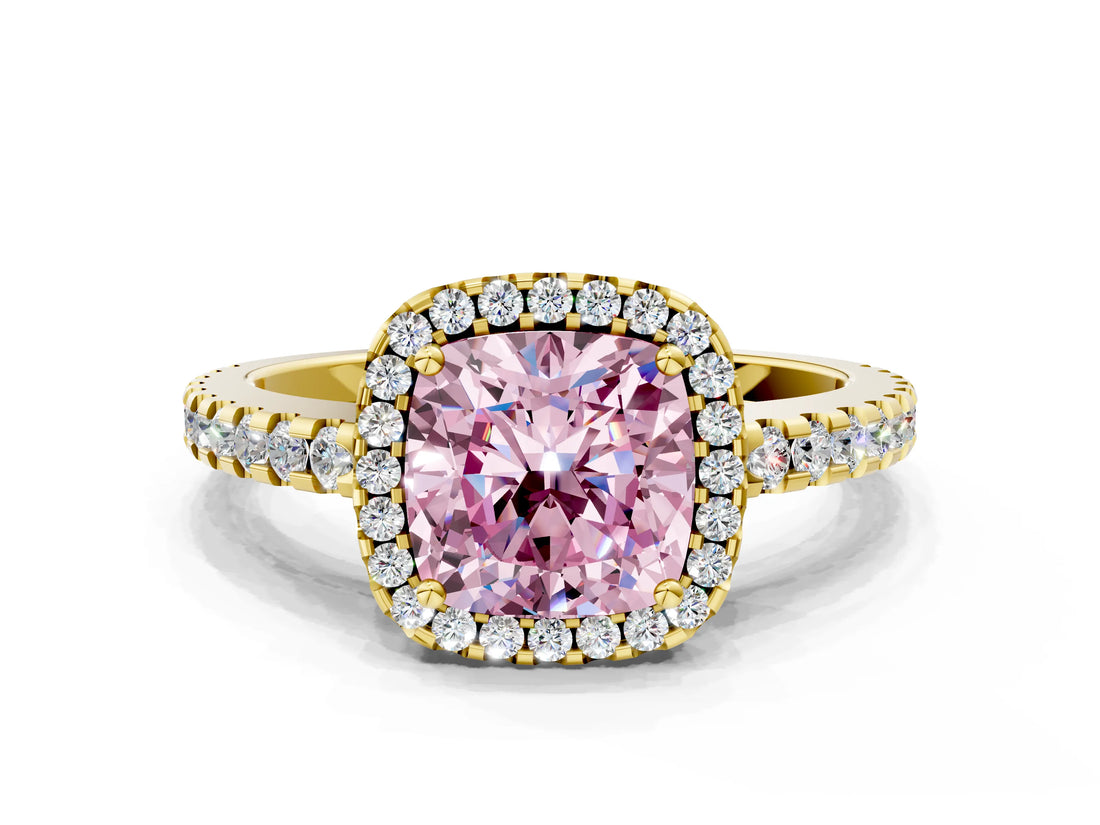 Yellow gold Fancy Pink Cushion Cut Diamond Halo Engagement Ring with Pavé Band and Prong Setting_27