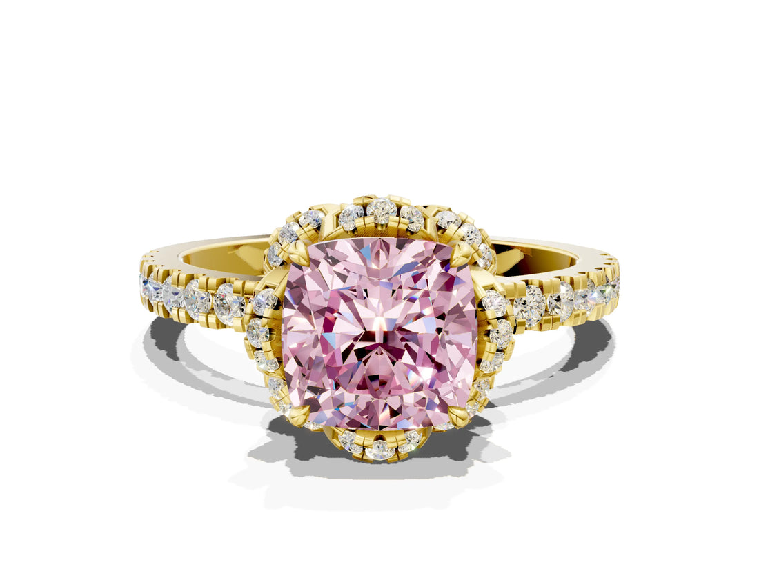 Yellow gold Fancy Pink Cushion Cut Diamond Halo Pave Band with Four-Prong Setting_3