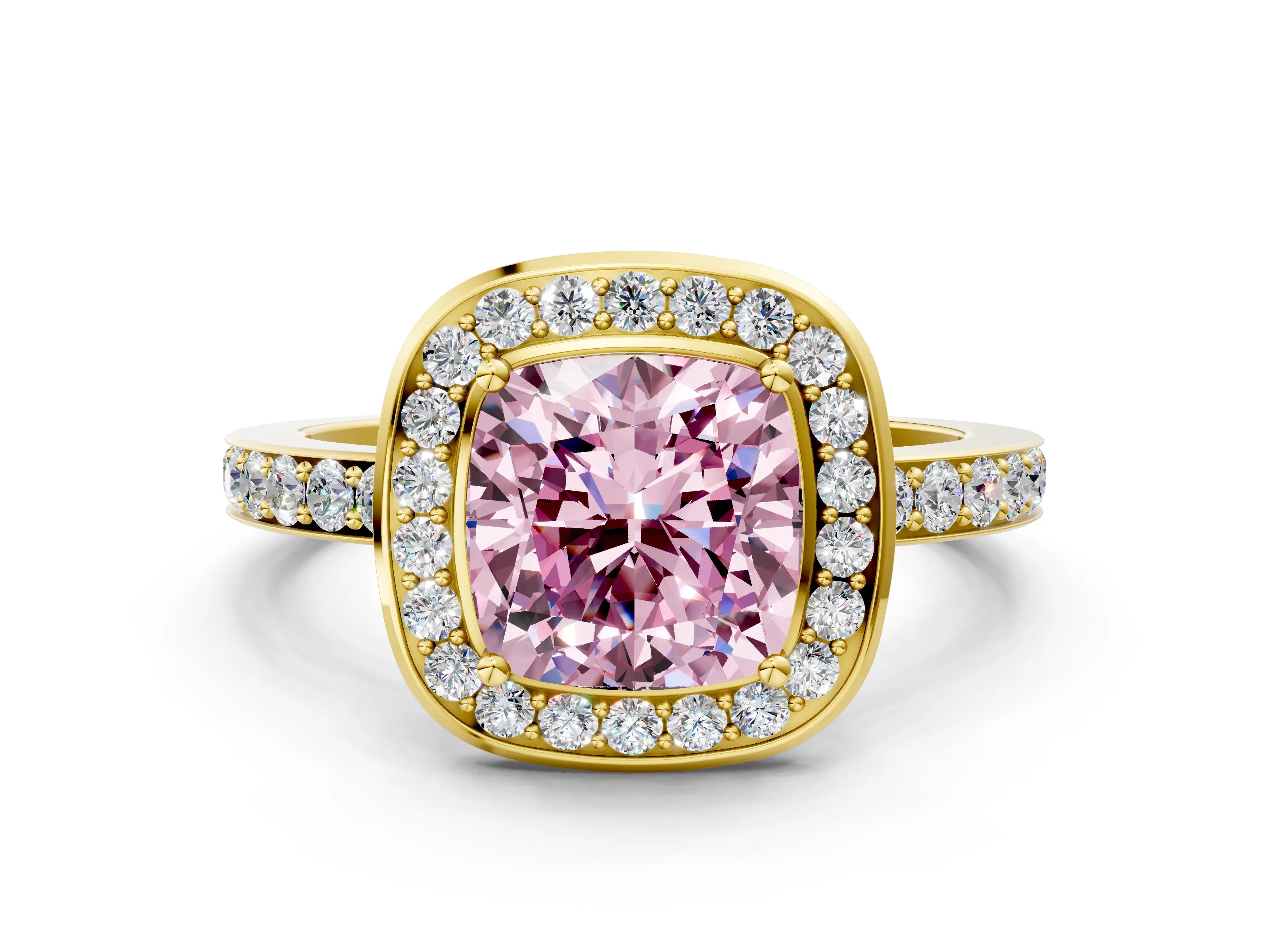 Yellow gold Fancy Pink Cushion Cut Diamond Halo Ring with Bezel Frame and Pavé Band