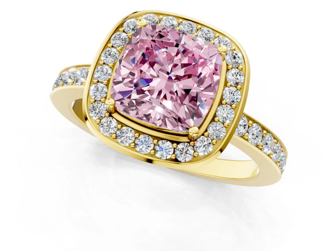 Yellow gold Fancy Pink Cushion Cut Diamond Halo Ring with Bezel Frame and Pavé Band_1