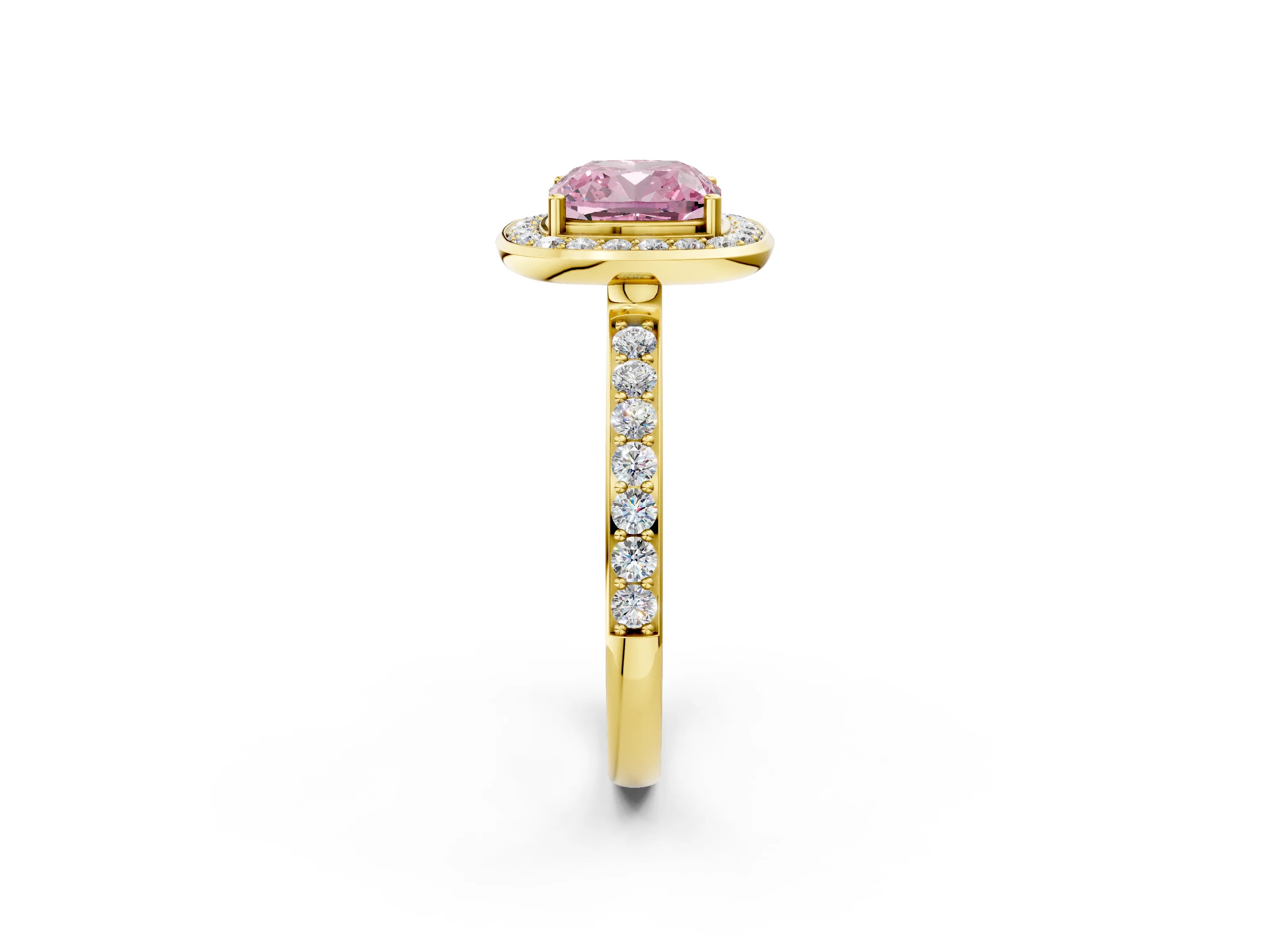 Yellow gold Fancy Pink Cushion Cut Diamond Halo Ring with Bezel Frame and Pavé Band_2