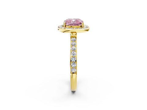 Yellow gold Fancy Pink Cushion Cut Diamond Halo Ring with Bezel Frame and Pavé Band_2