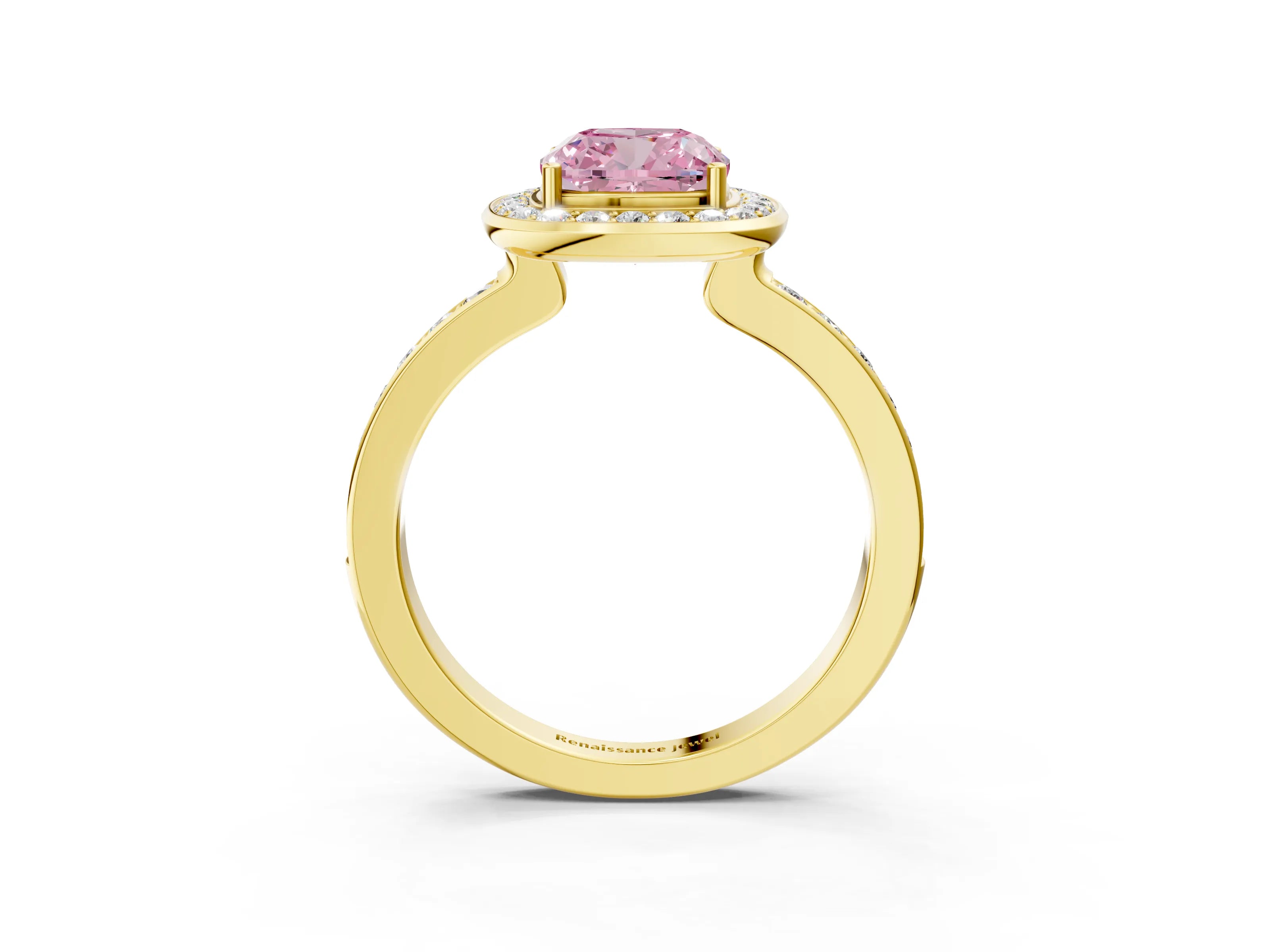 Yellow gold Fancy Pink Cushion Cut Diamond Halo Ring with Bezel Frame and Pavé Band_3