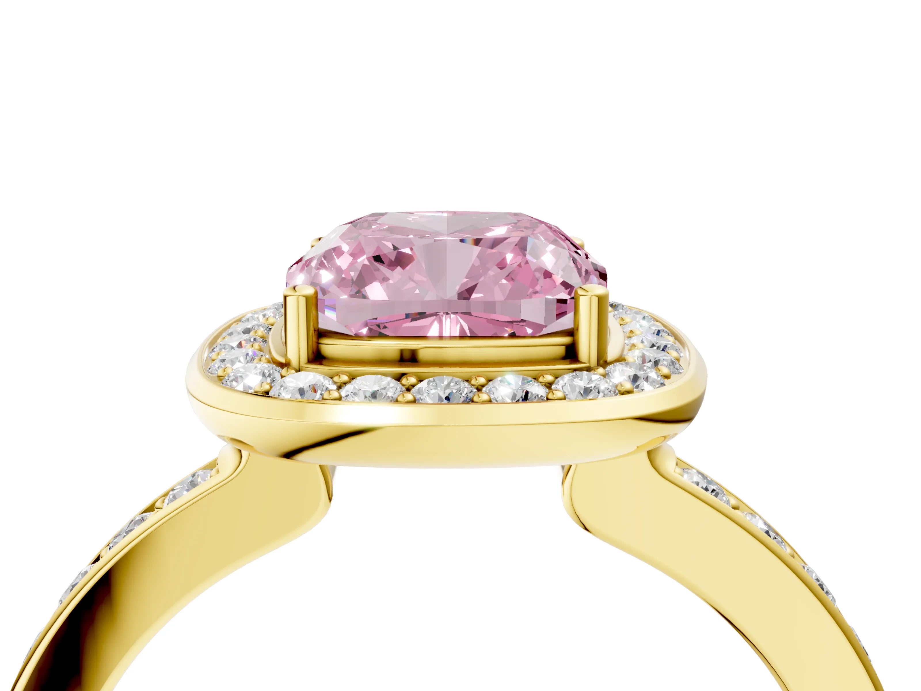 Yellow gold Fancy Pink Cushion Cut Diamond Halo Ring with Bezel Frame and Pavé Band_4