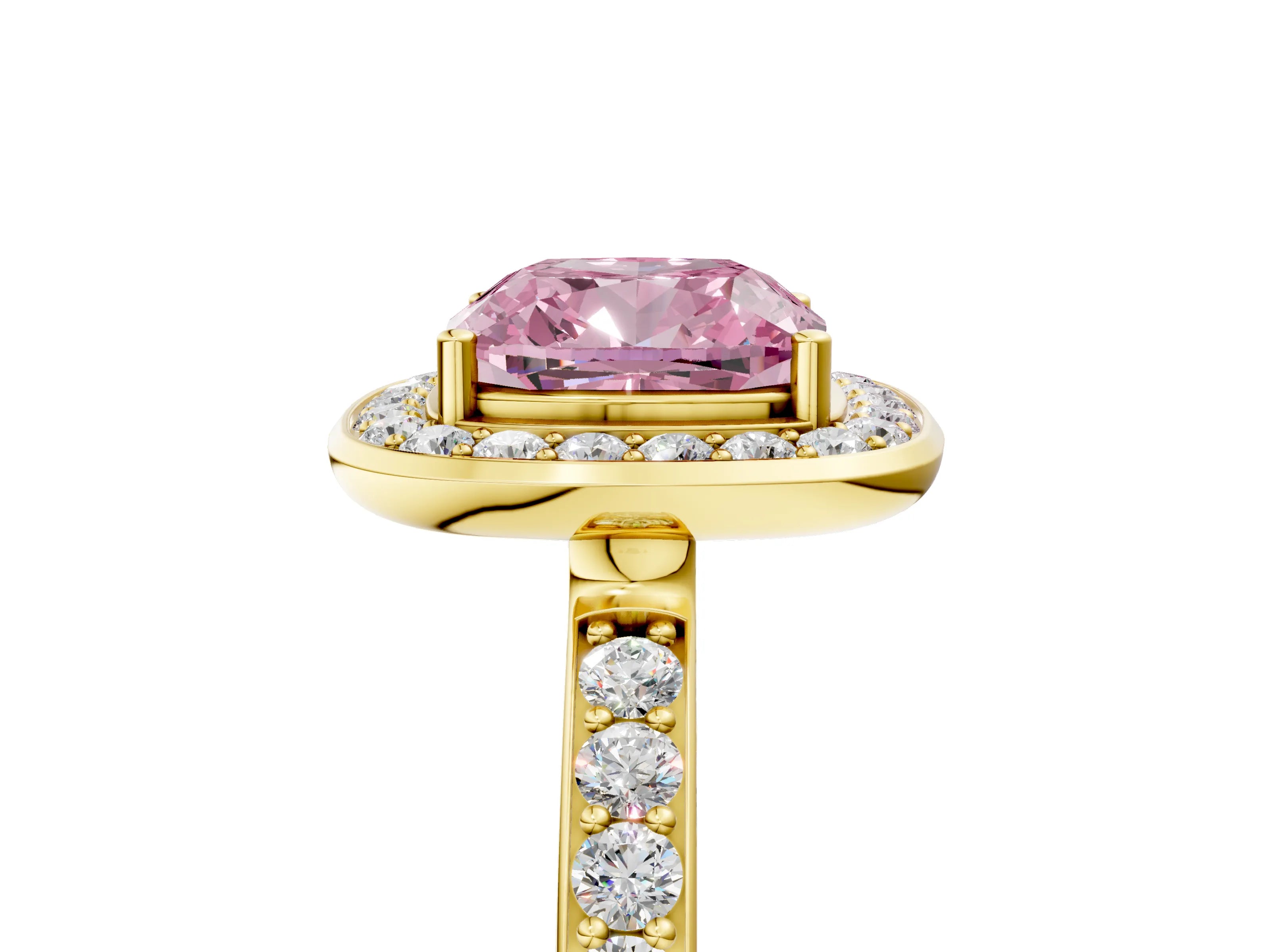 Yellow gold Fancy Pink Cushion Cut Diamond Halo Ring with Bezel Frame and Pavé Band_5