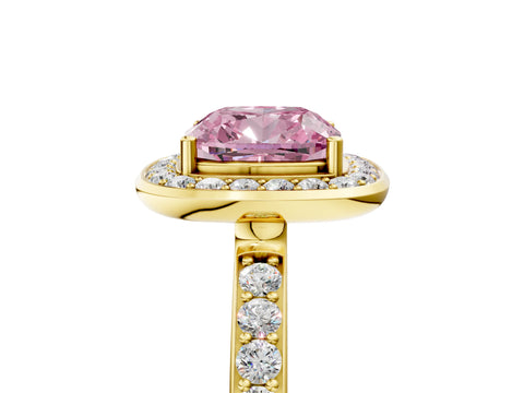 Yellow gold Fancy Pink Cushion Cut Diamond Halo Ring with Bezel Frame and Pavé Band_5