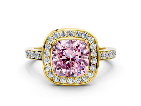 Yellow gold Fancy Pink Cushion Cut Diamond Halo Ring with Bezel Frame and Pavé Band