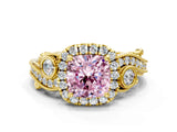 Yellow gold Fancy Pink Cushion Cut Diamond Halo Ring with Milgrain Pavé Band and Four-Prong Setting_54
