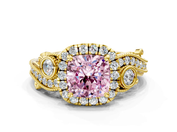 Yellow gold Fancy Pink Cushion Cut Diamond Halo Ring with Milgrain Pavé Band and Four-Prong Setting
