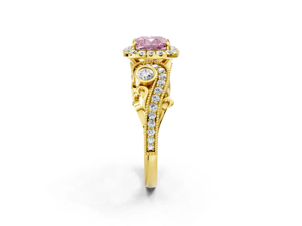 Yellow gold Fancy Pink Cushion Cut Diamond Halo Ring with Milgrain Pavé Band and Four-Prong Setting