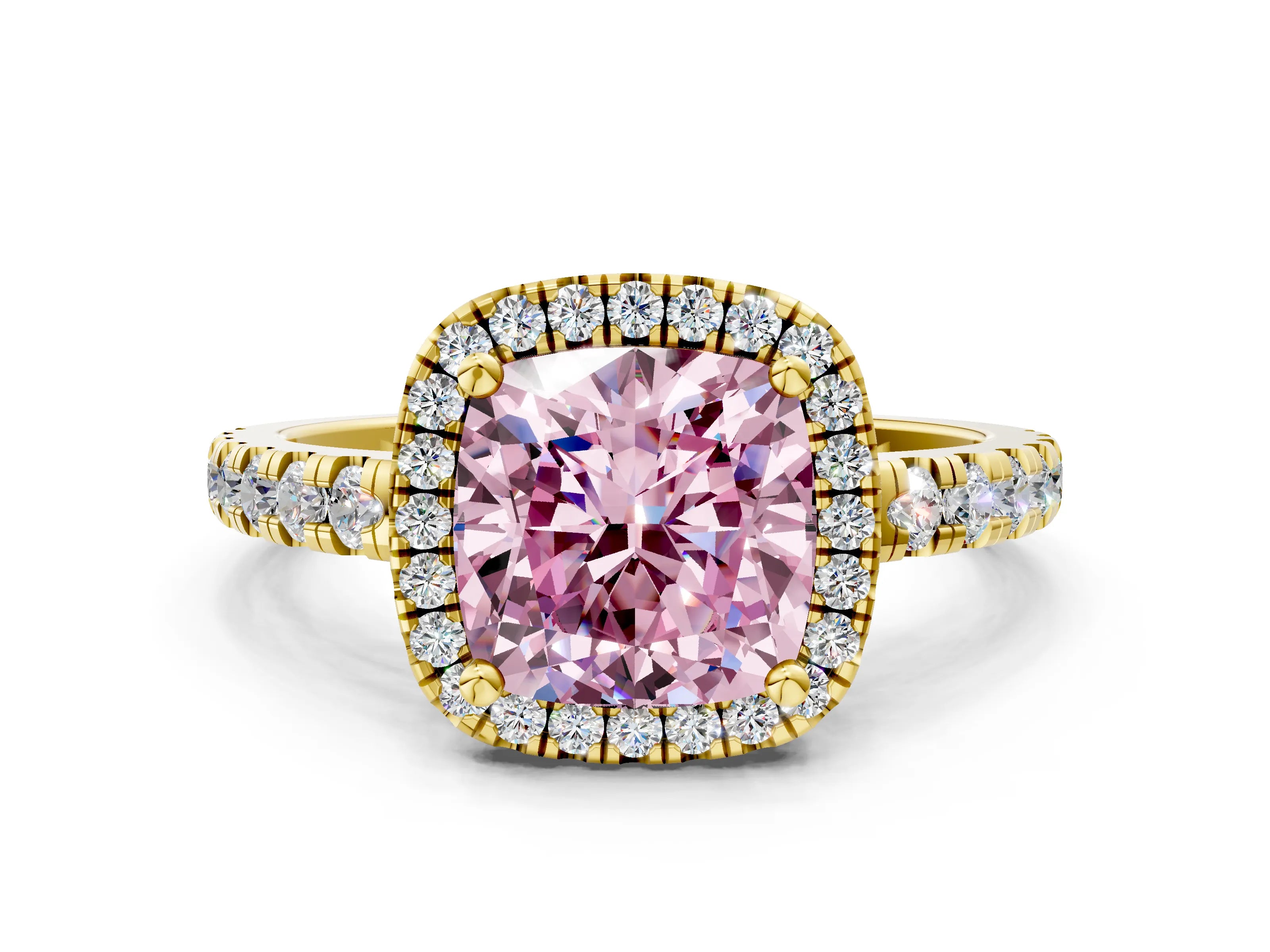 Yellow gold Fancy Pink Cushion Cut Diamond Halo Ring with Pavé Band and Four-Prong Setting