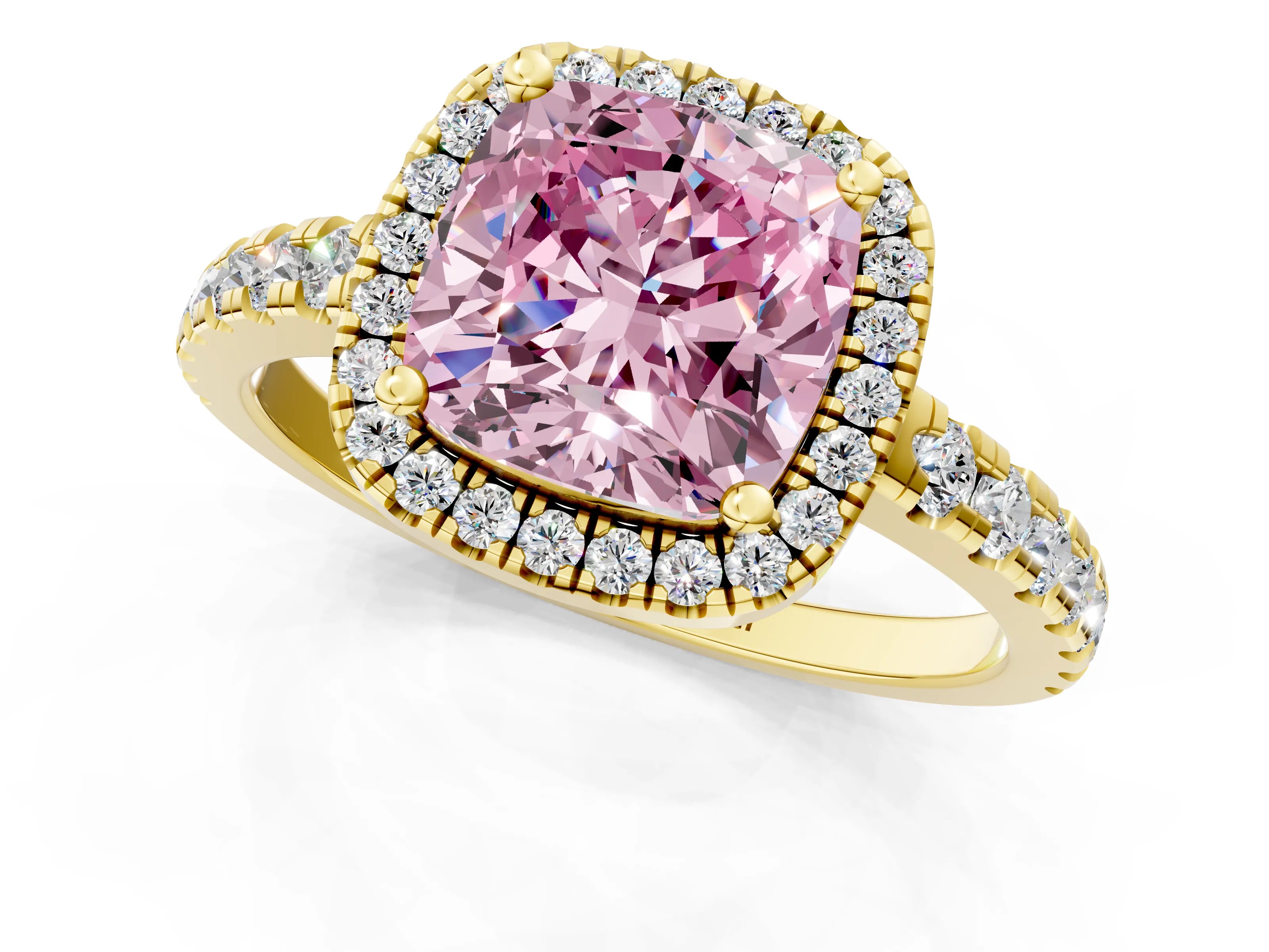 Yellow gold Fancy Pink Cushion Cut Diamond Halo Ring with Pavé Band and Four-Prong Setting_1