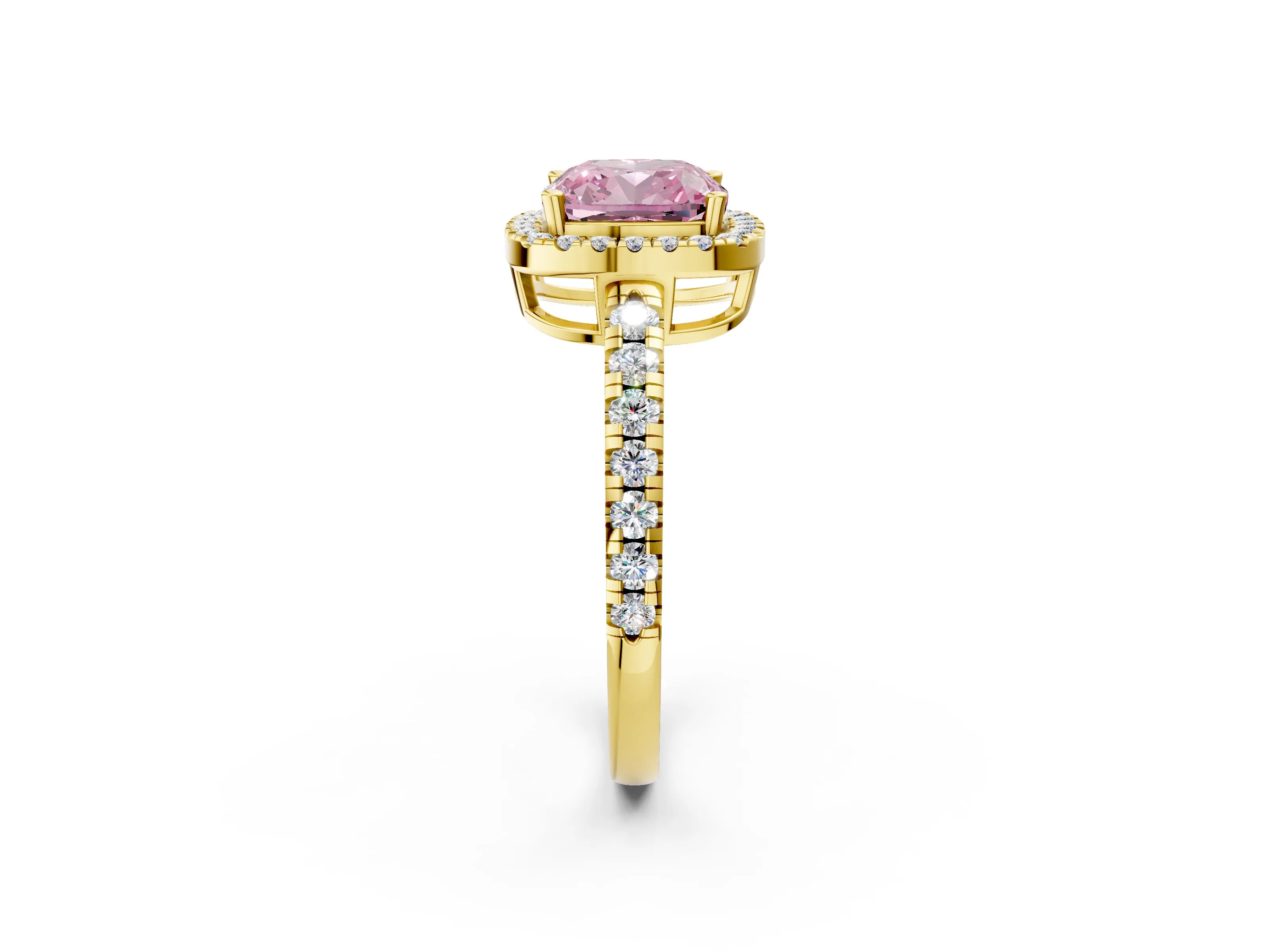 Yellow gold Fancy Pink Cushion Cut Diamond Halo Ring with Pavé Band and Four-Prong Setting_2