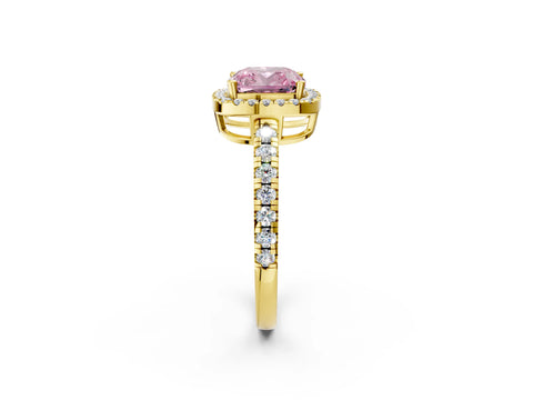 Yellow gold Fancy Pink Cushion Cut Diamond Halo Ring with Pavé Band and Four-Prong Setting_2