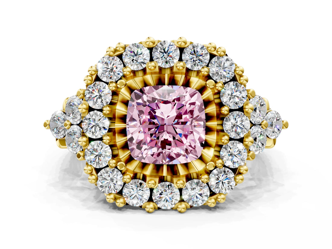 Yellow gold Fancy Pink Cushion Cut Diamond Halo Ring with Pavé Band and Four-Prong Setting_41