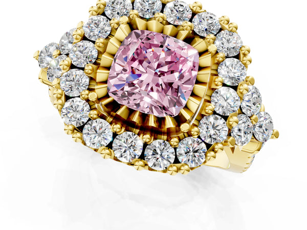 Yellow gold Fancy Pink Cushion Cut Diamond Halo Ring with Pavé Band and Four-Prong Setting