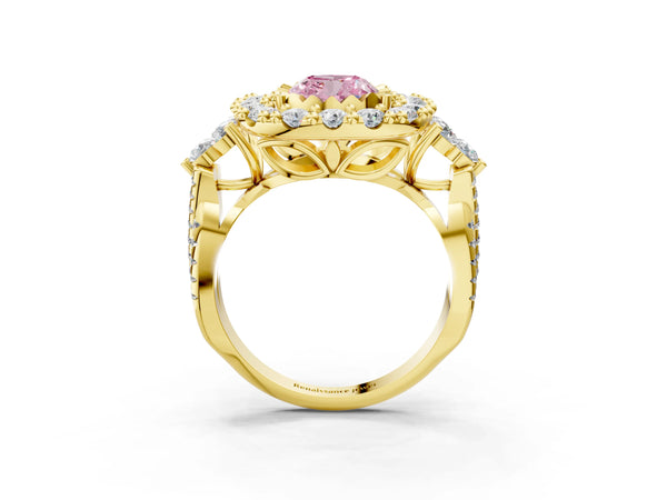 Yellow gold Fancy Pink Cushion Cut Diamond Halo Ring with Pavé Band and Four-Prong Setting