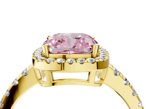 Yellow gold Fancy Pink Cushion Cut Diamond Halo Ring with Pavé Band and Four-Prong Setting_4
