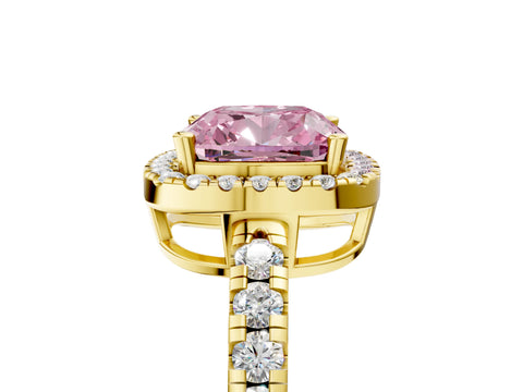 Yellow gold Fancy Pink Cushion Cut Diamond Halo Ring with Pavé Band and Four-Prong Setting_5
