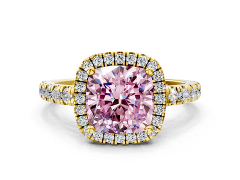 Yellow gold Fancy Pink Cushion Cut Diamond Halo Ring with Pavé Band and Four-Prong Setting
