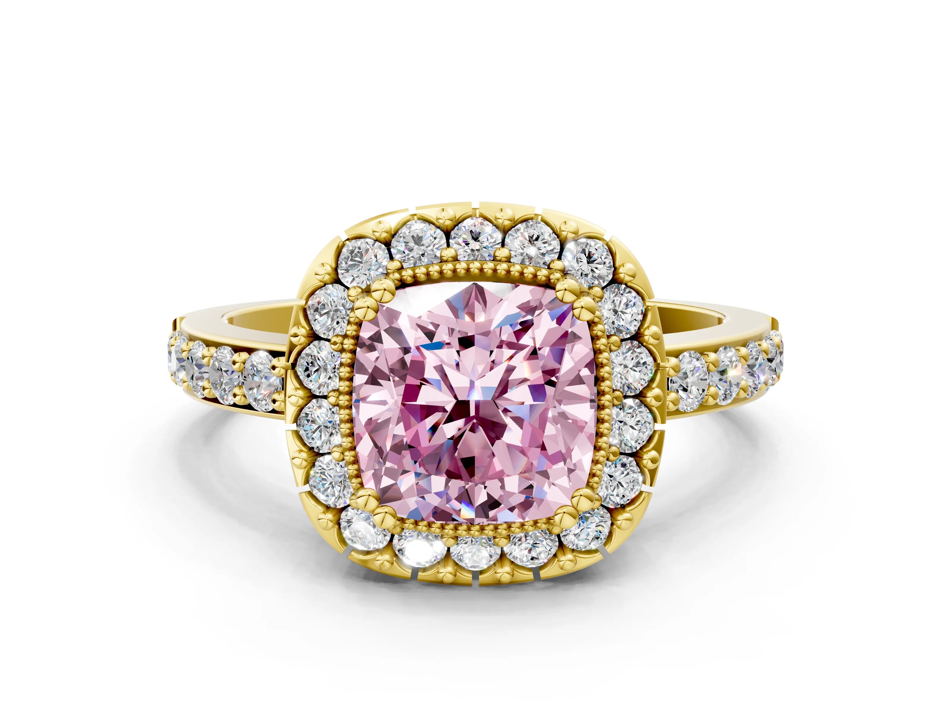Yellow gold Fancy Pink Cushion Cut Diamond Halo Ring with Pavé Band and Prong Setting