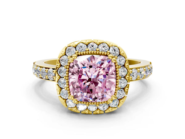 Yellow gold Fancy Pink Cushion Cut Diamond Halo Ring with Pavé Band and Prong Setting