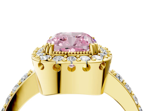 Yellow gold Fancy Pink Cushion Cut Diamond Halo Ring with Pavé Band and Prong Setting_4
