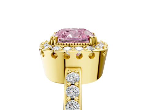 Yellow gold Fancy Pink Cushion Cut Diamond Halo Ring with Pavé Band and Prong Setting_5