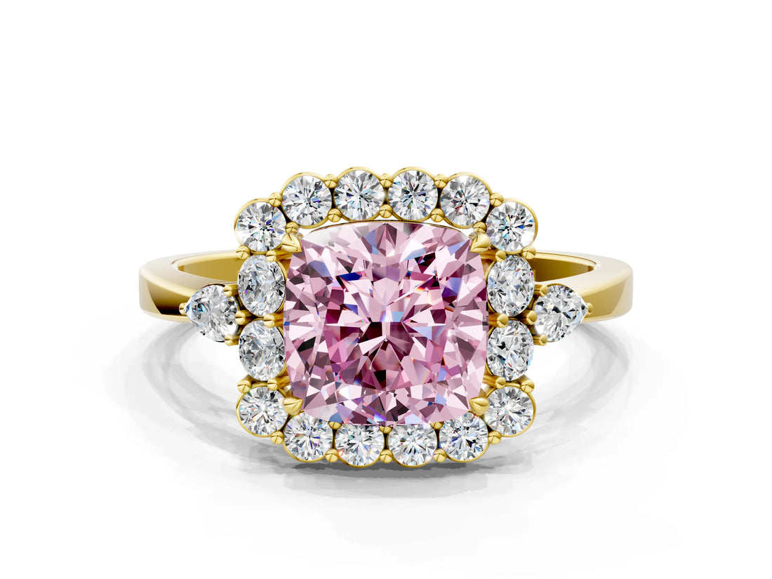 Yellow gold Fancy Pink Cushion Cut Diamond Halo Ring with Pear Side Stones and Prong Setting_51