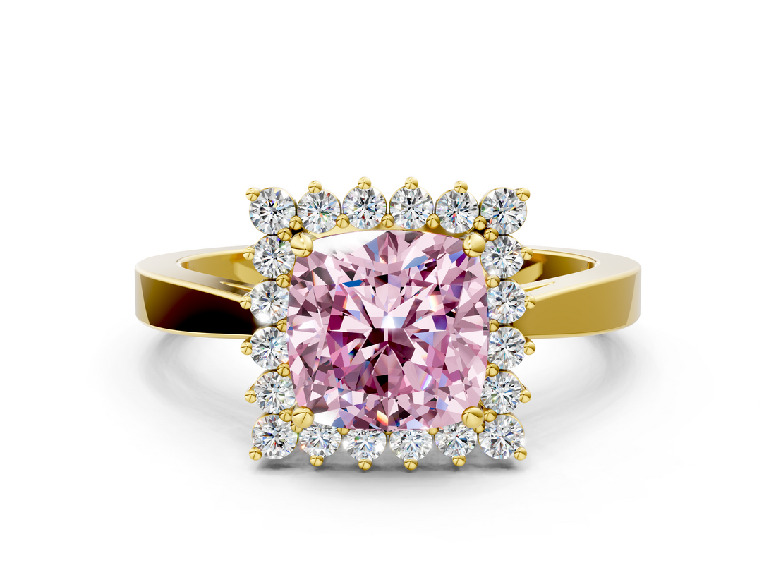 Yellow gold Fancy Pink Cushion  Cut Diamond Halo Ring with Round Brilliant Halo and Solitaire Band_87