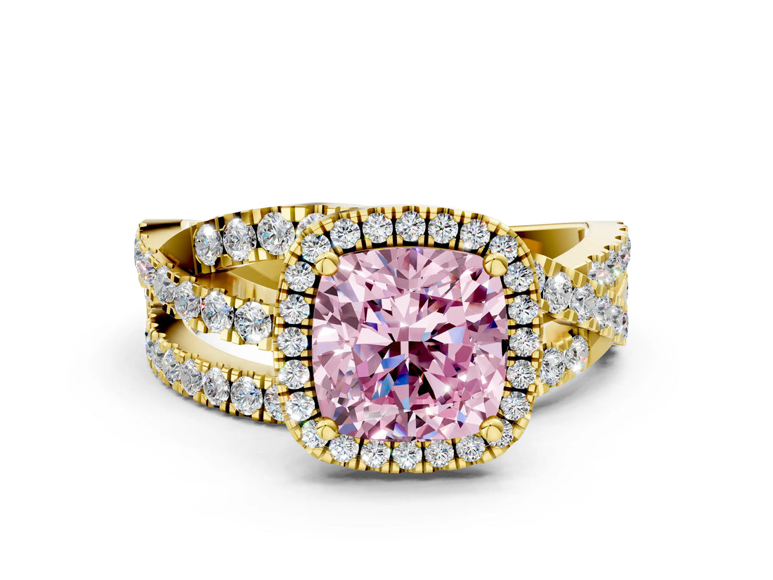 Yellow gold Fancy Pink Cushion Cut Diamond Halo Ring with Round Split Shank and Prong Setting_37