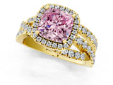 Yellow gold Fancy Pink Cushion Cut Diamond Halo Ring with Round Split Shank and Prong Setting_38