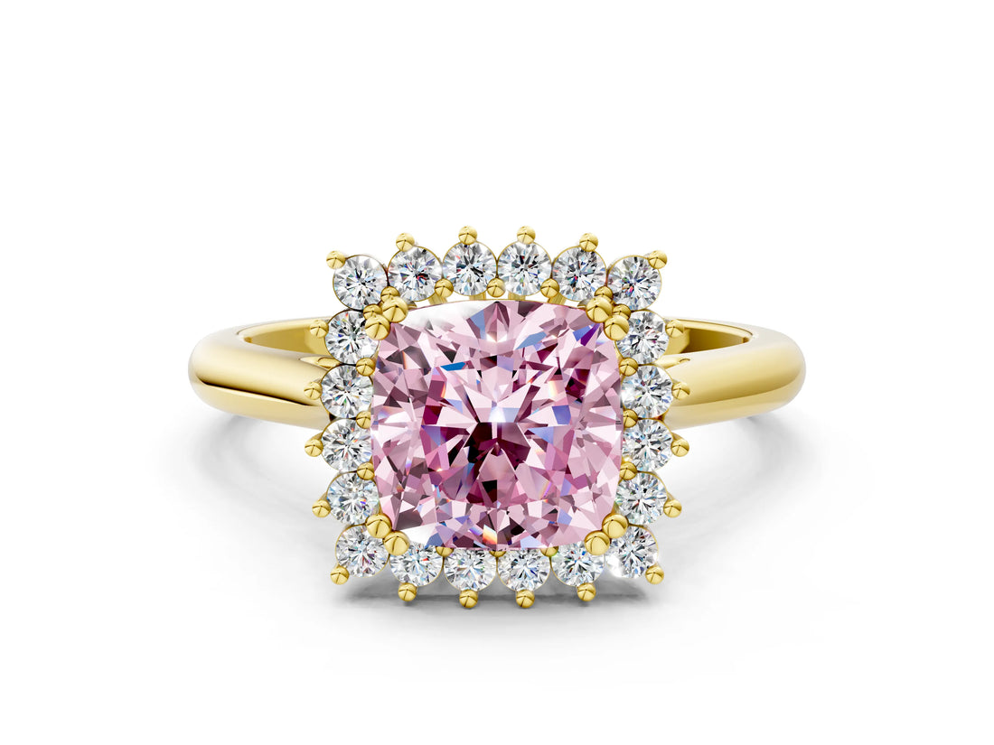 Yellow gold Fancy Pink Cushion  Cut Diamond Halo Ring with Solitaire Band and Prong Setting_53