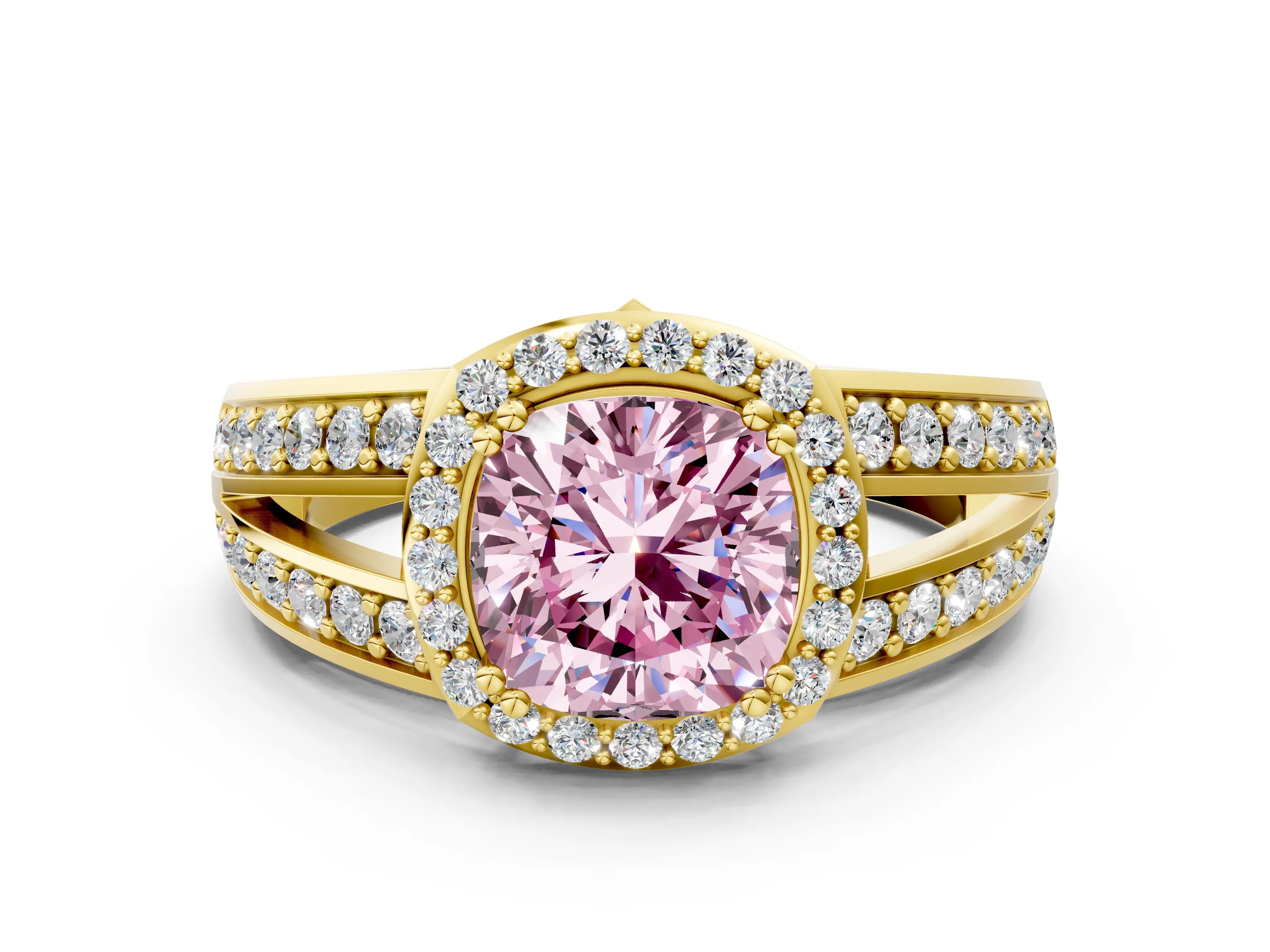 Yellow gold Fancy Pink Cushion Cut Diamond Halo Ring with Split Shank Pavé Band and Four-Prong Setting