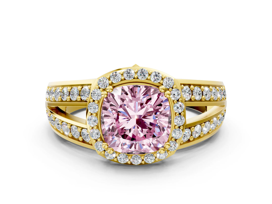 Yellow gold Fancy Pink Cushion Cut Diamond Halo Ring with Split Shank Pavé Band and Four-Prong Setting