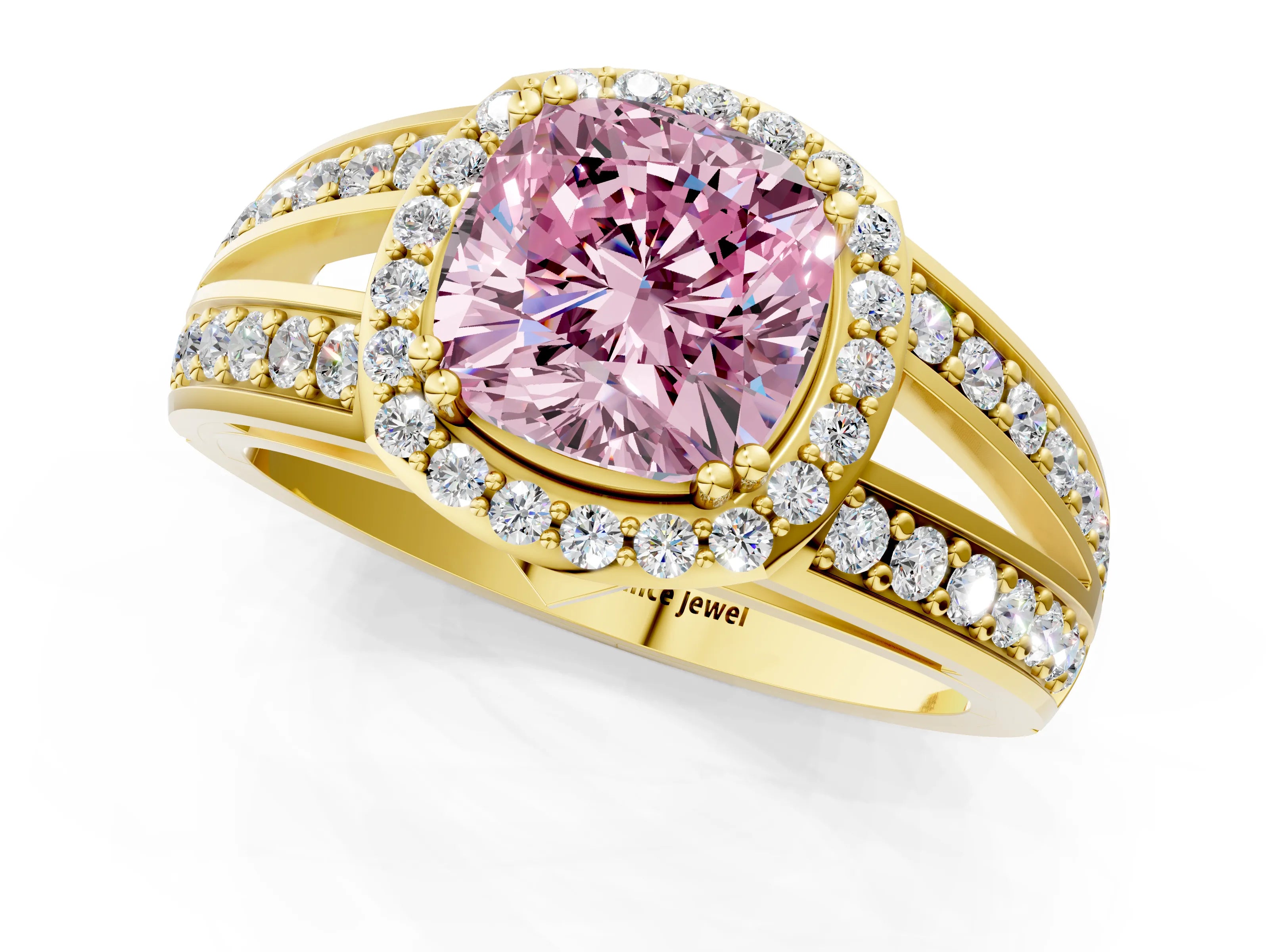 Yellow gold Fancy Pink Cushion Cut Diamond Halo Ring with Split Shank Pavé Band and Four-Prong Setting_1