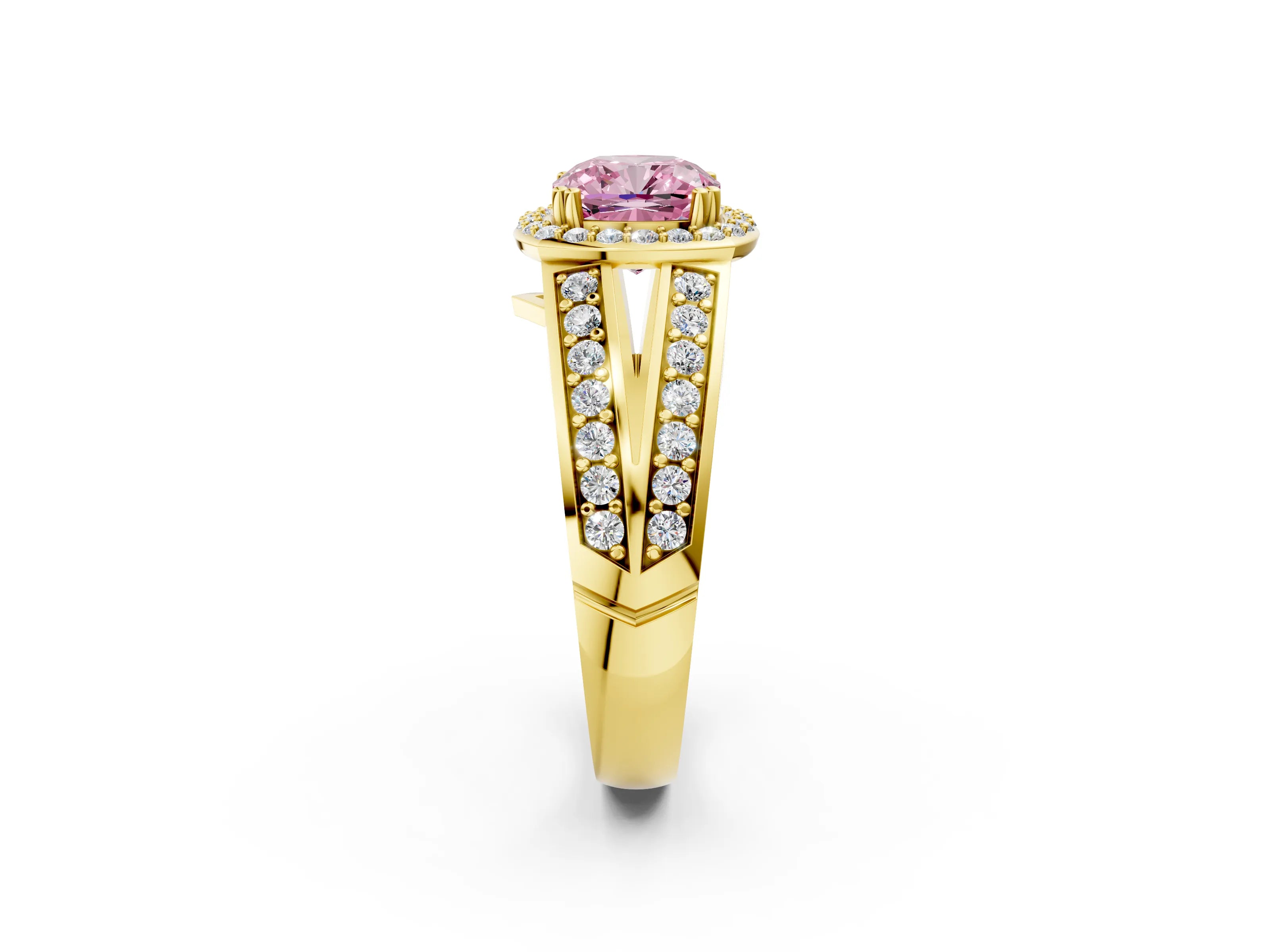 Yellow gold Fancy Pink Cushion Cut Diamond Halo Ring with Split Shank Pavé Band and Four-Prong Setting_2