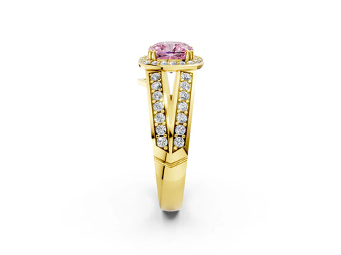 Yellow gold Fancy Pink Cushion Cut Diamond Halo Ring with Split Shank Pavé Band and Four-Prong Setting_2
