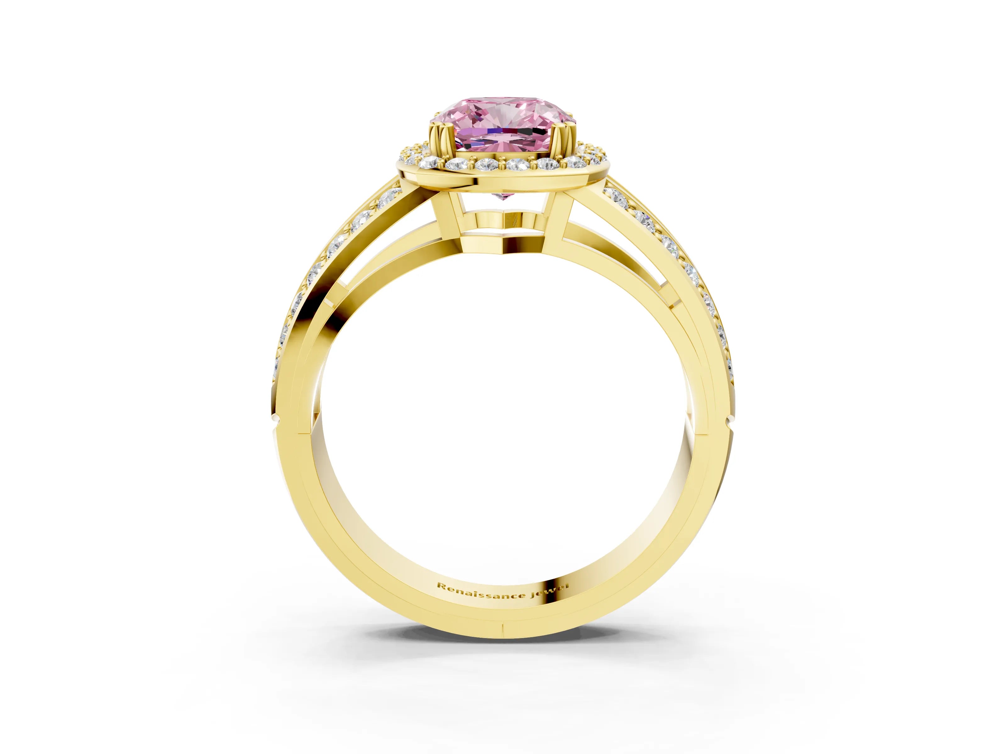 Yellow gold Fancy Pink Cushion Cut Diamond Halo Ring with Split Shank Pavé Band and Four-Prong Setting_3