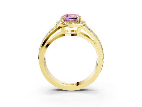 Yellow gold Fancy Pink Cushion Cut Diamond Halo Ring with Split Shank Pavé Band and Four-Prong Setting_3