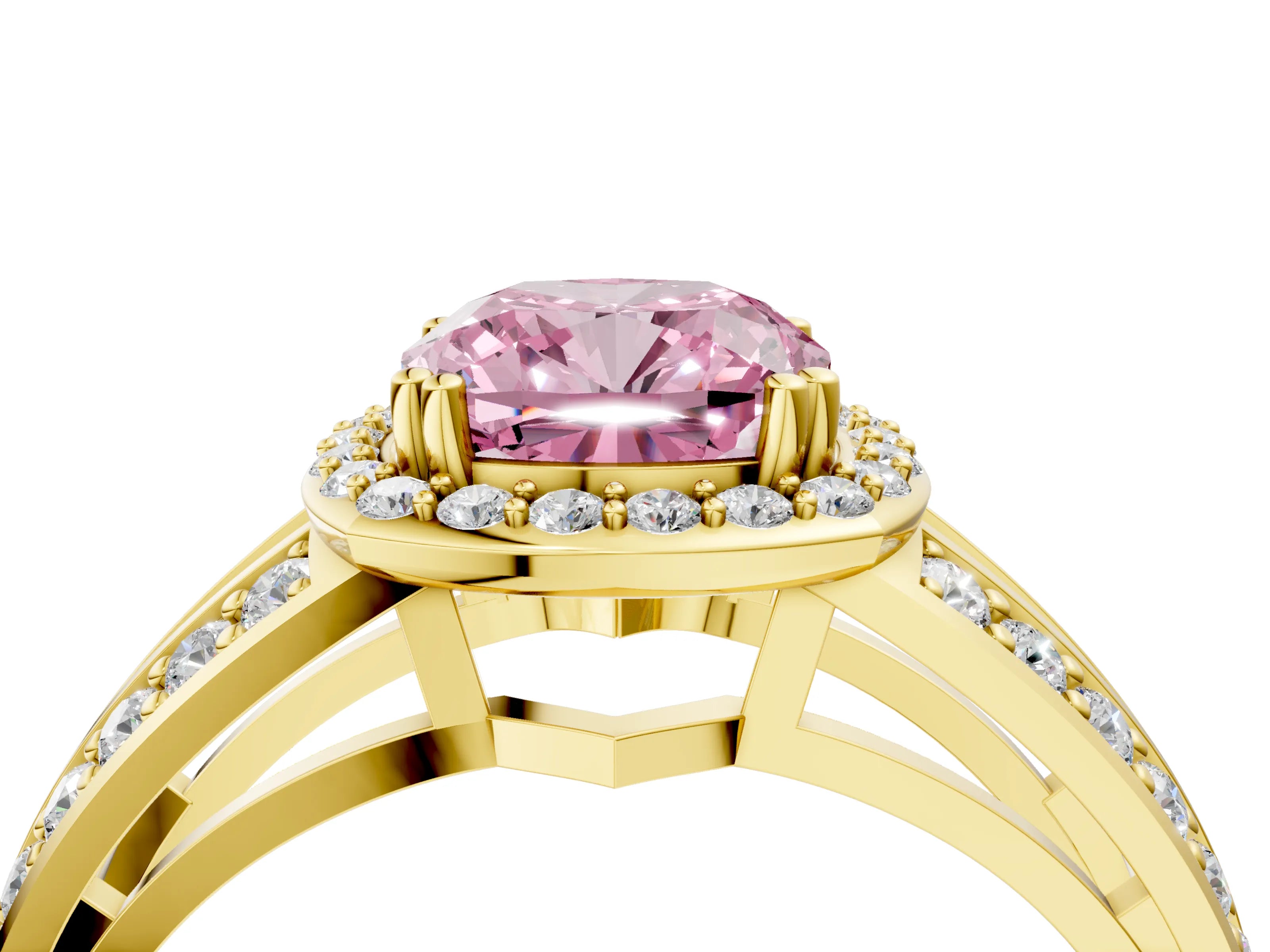 Yellow gold Fancy Pink Cushion Cut Diamond Halo Ring with Split Shank Pavé Band and Four-Prong Setting_4