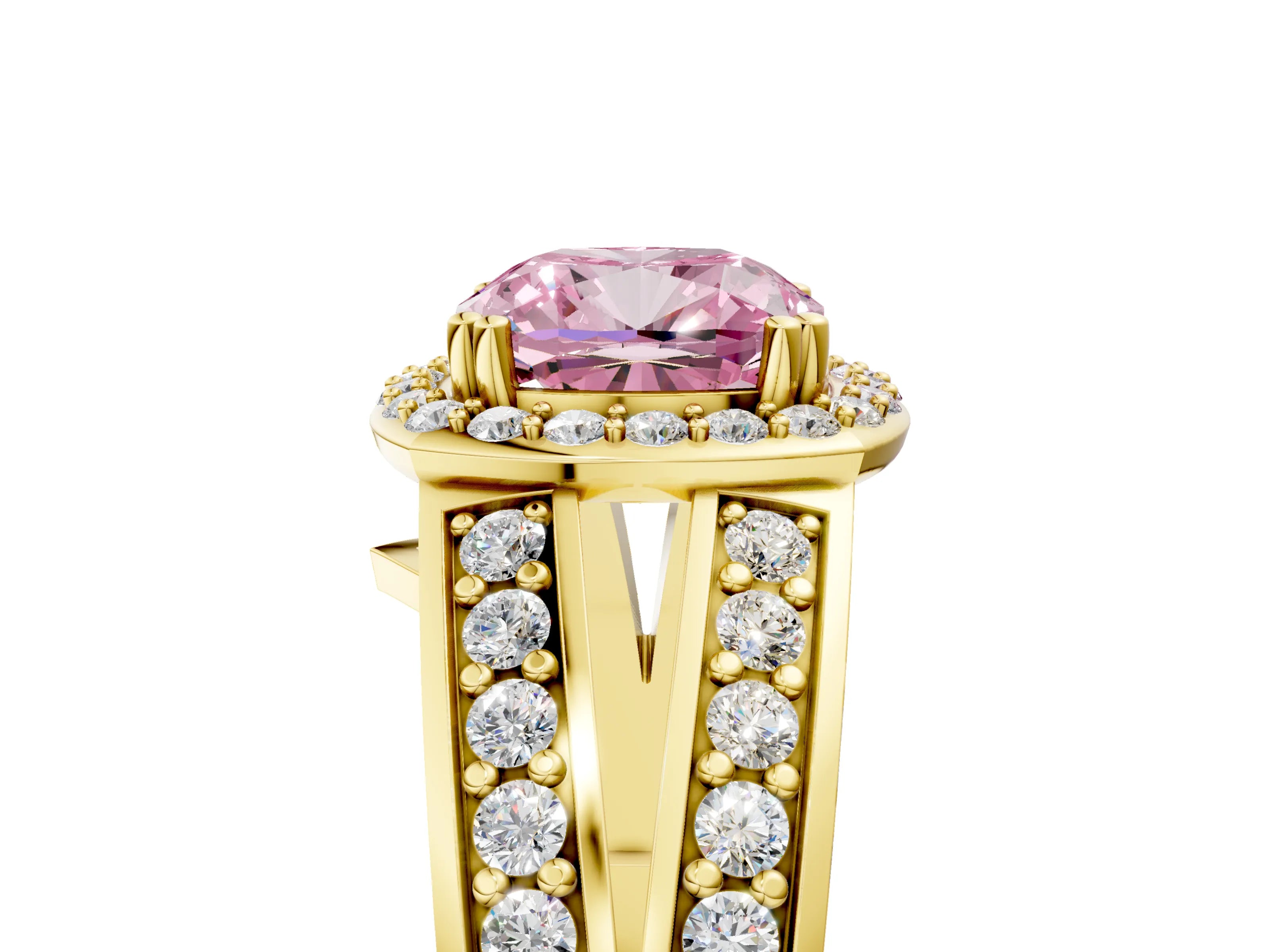 Yellow gold Fancy Pink Cushion Cut Diamond Halo Ring with Split Shank Pavé Band and Four-Prong Setting_5