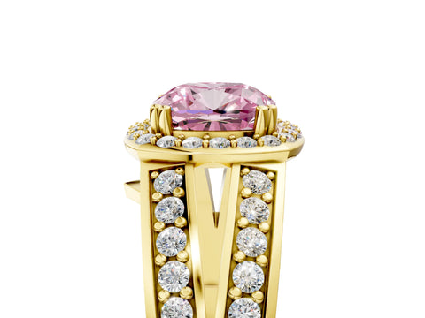 Yellow gold Fancy Pink Cushion Cut Diamond Halo Ring with Split Shank Pavé Band and Four-Prong Setting_5
