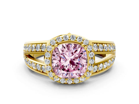 Yellow gold Fancy Pink Cushion Cut Diamond Halo Ring with Split Shank Pavé Band and Four-Prong Setting