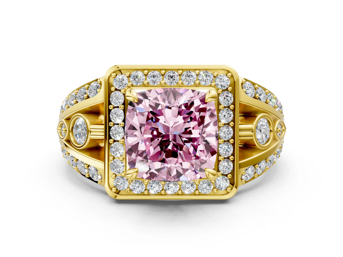 Yellow gold Fancy Pink Cushion Cut Diamond Halo Ring with Split Shank and Bezel Accents and Four-Prong Setting