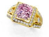 Yellow gold Fancy Pink Cushion Cut Diamond Halo Ring with Split Shank and Bezel Accents and Four-Prong Setting_1